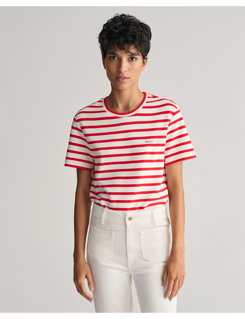 Red and White Striped Women's T-Shirt