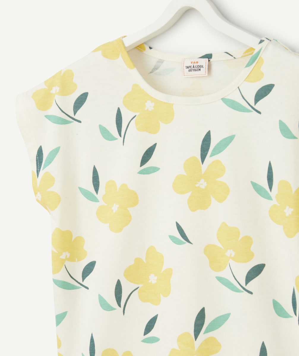 t-shirt manches courtes fille en coton bio écru imprimé fleurs jaunes