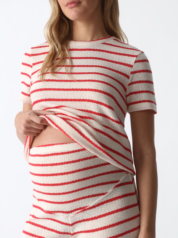Calças de maternidade, malha cropped - Branco/vermelho