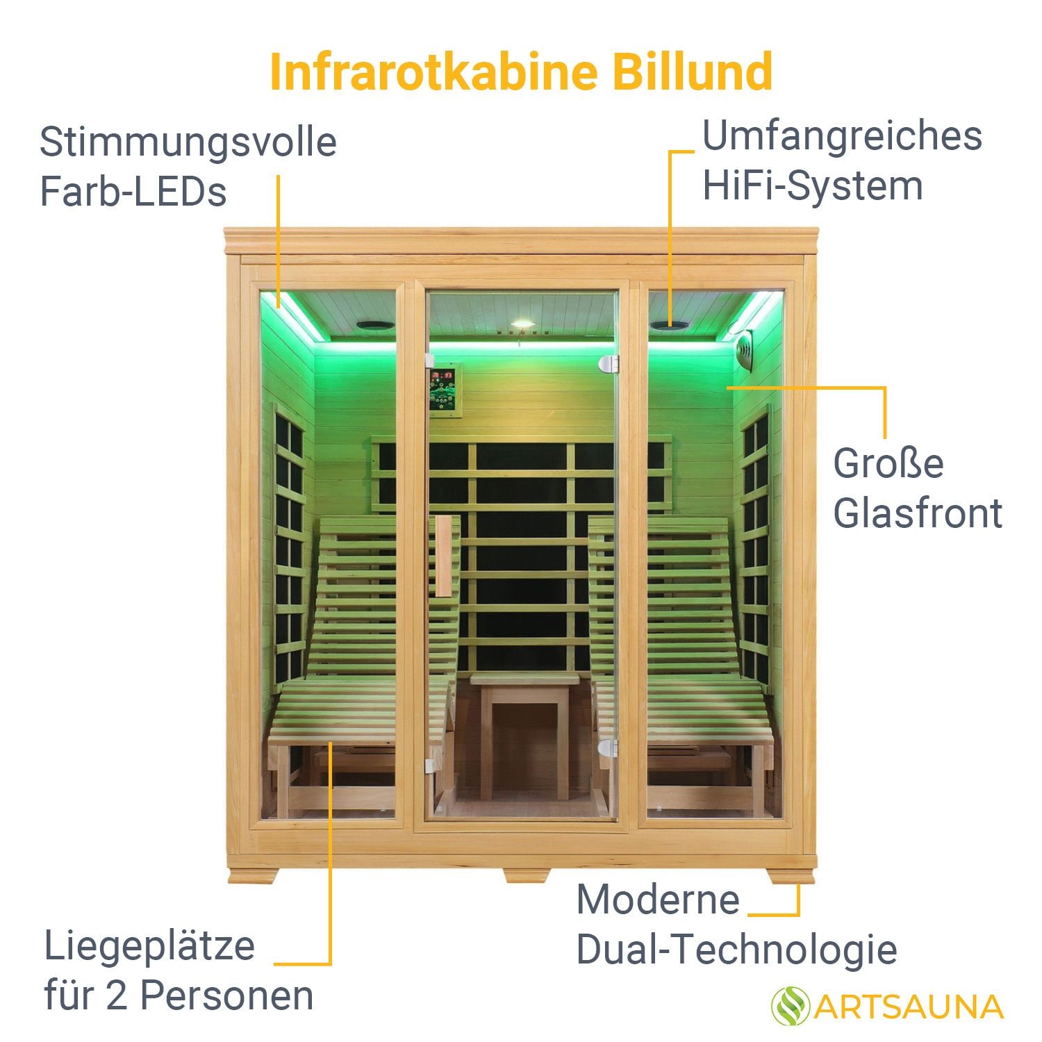 Artsauna Infrarotkabine Wärmekabine Billund Flächenstrahler & Hemlockholz
