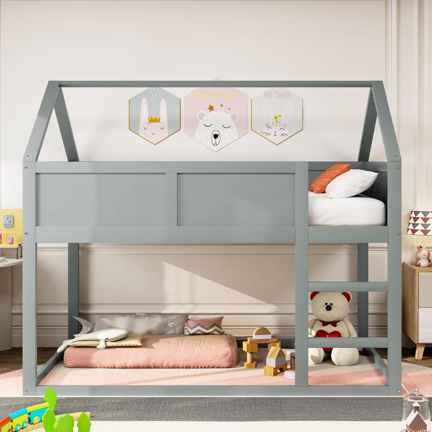 okwish Hochbett für 2 Kinder 90 x 200cm, Kinderbett Baumhaus mit Treppe und Massivholzrahmen, Hausbett, Grau(Ohne Matratze)