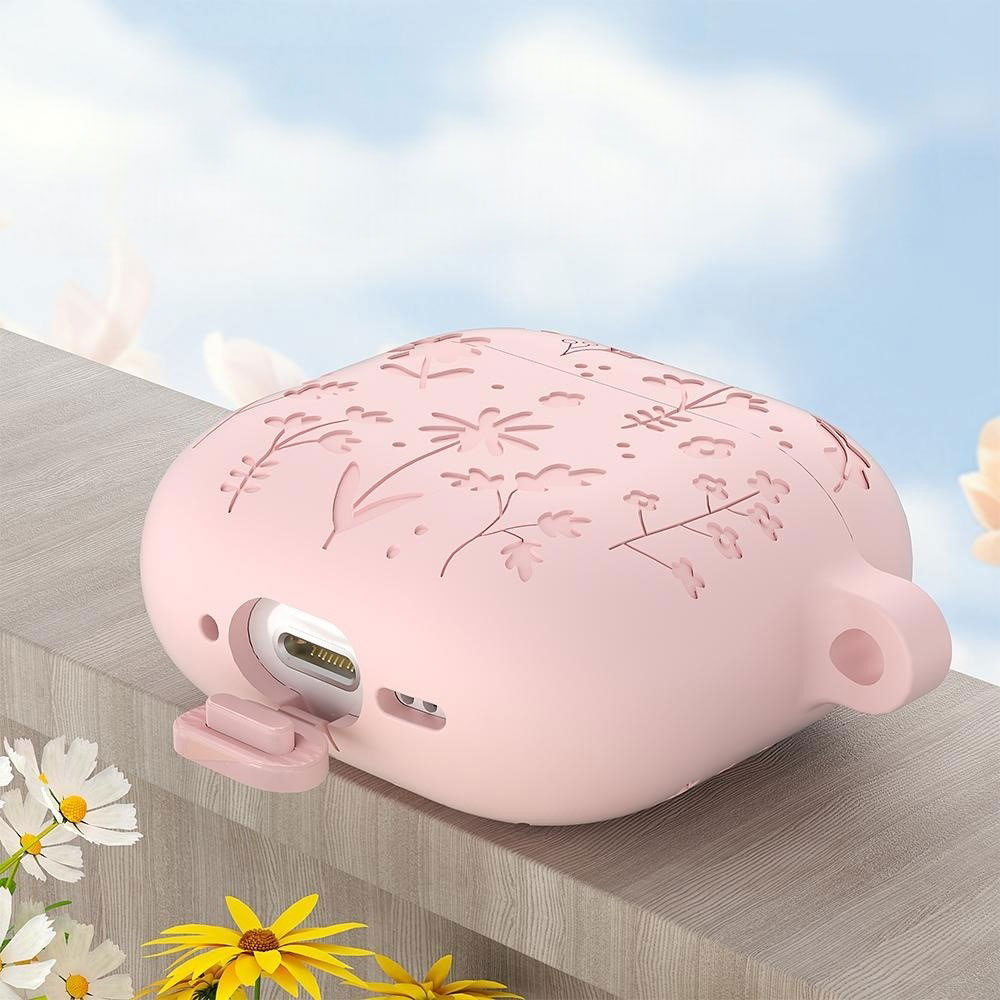 AirPods 4 Silikon Schutzhülle Abdeckung mit Karabinerhaken Blumen Muster - Grün