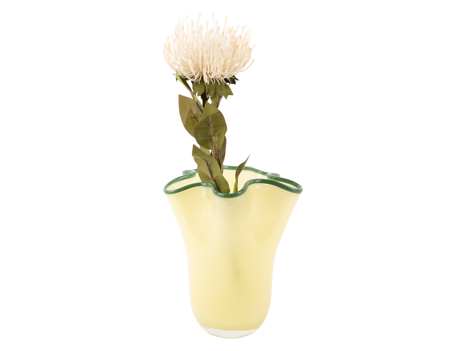 Vase Ruffles glass medium soft yellow w. jungle green rim