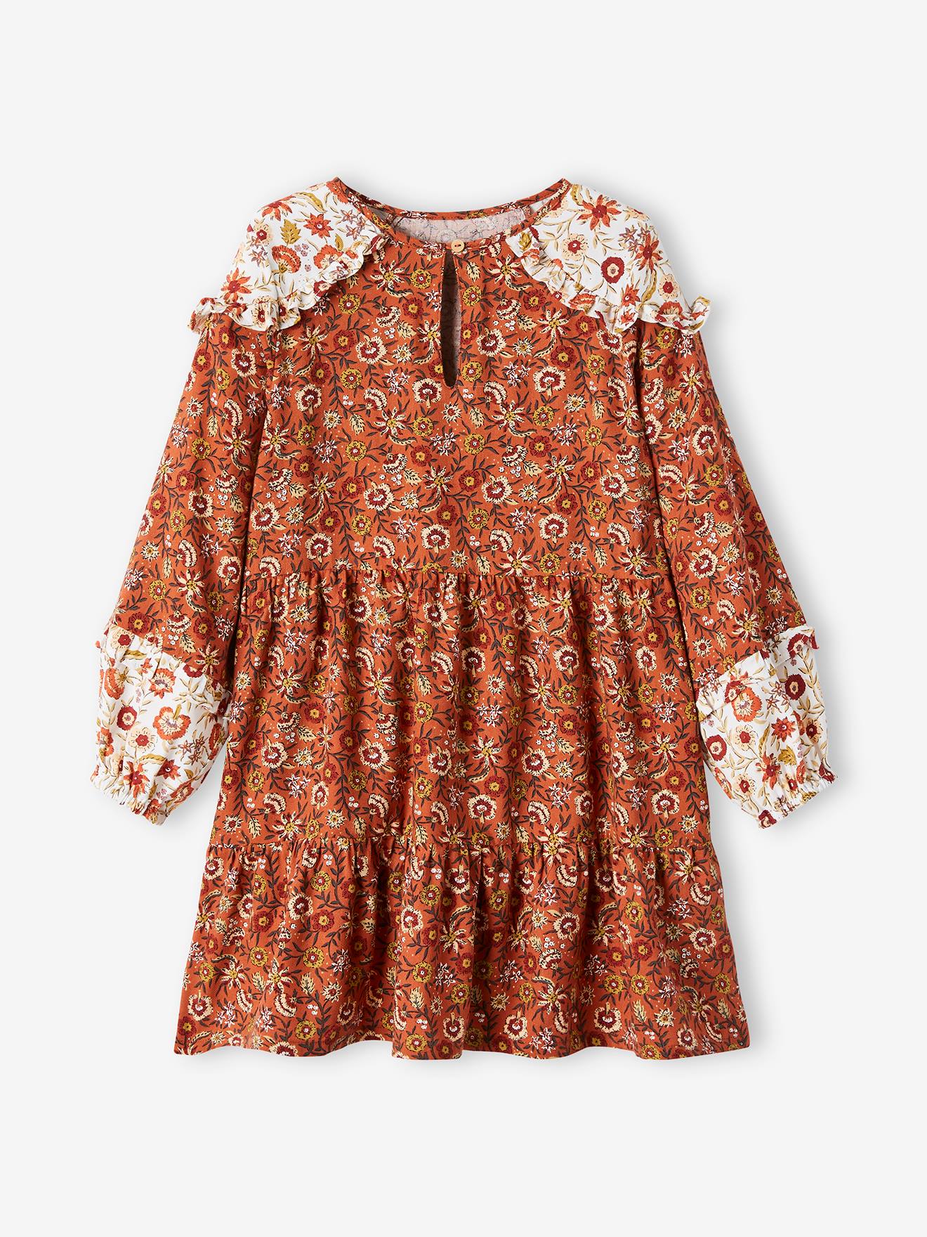 Vestido cigano patchwork, estampa laranja escura, infantil.