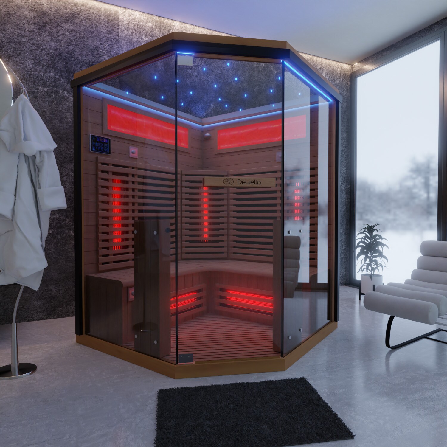 Dewello® Infrarotkabine Infrarotsauna KENORA 140x140 für 2-3 Personen aus Hemlockholz, Dual-Therm