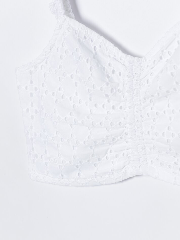 Blusa bordada suíça com babados - Branco-creme