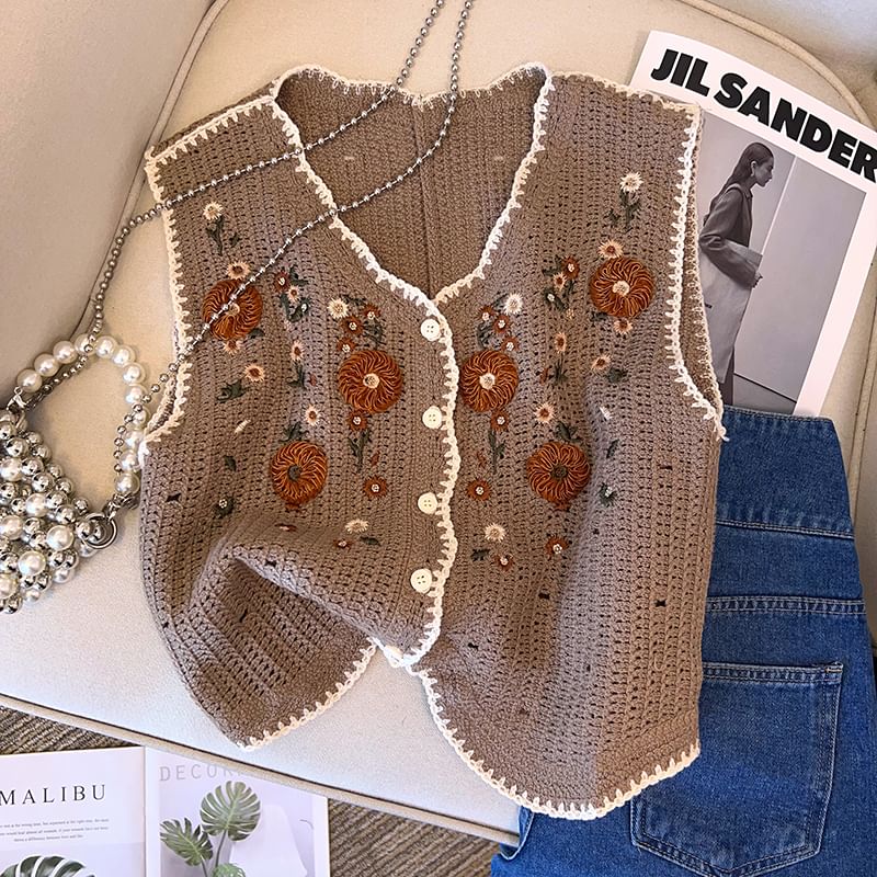 Juuri - Gehaakt vest met V-hals en bloemen