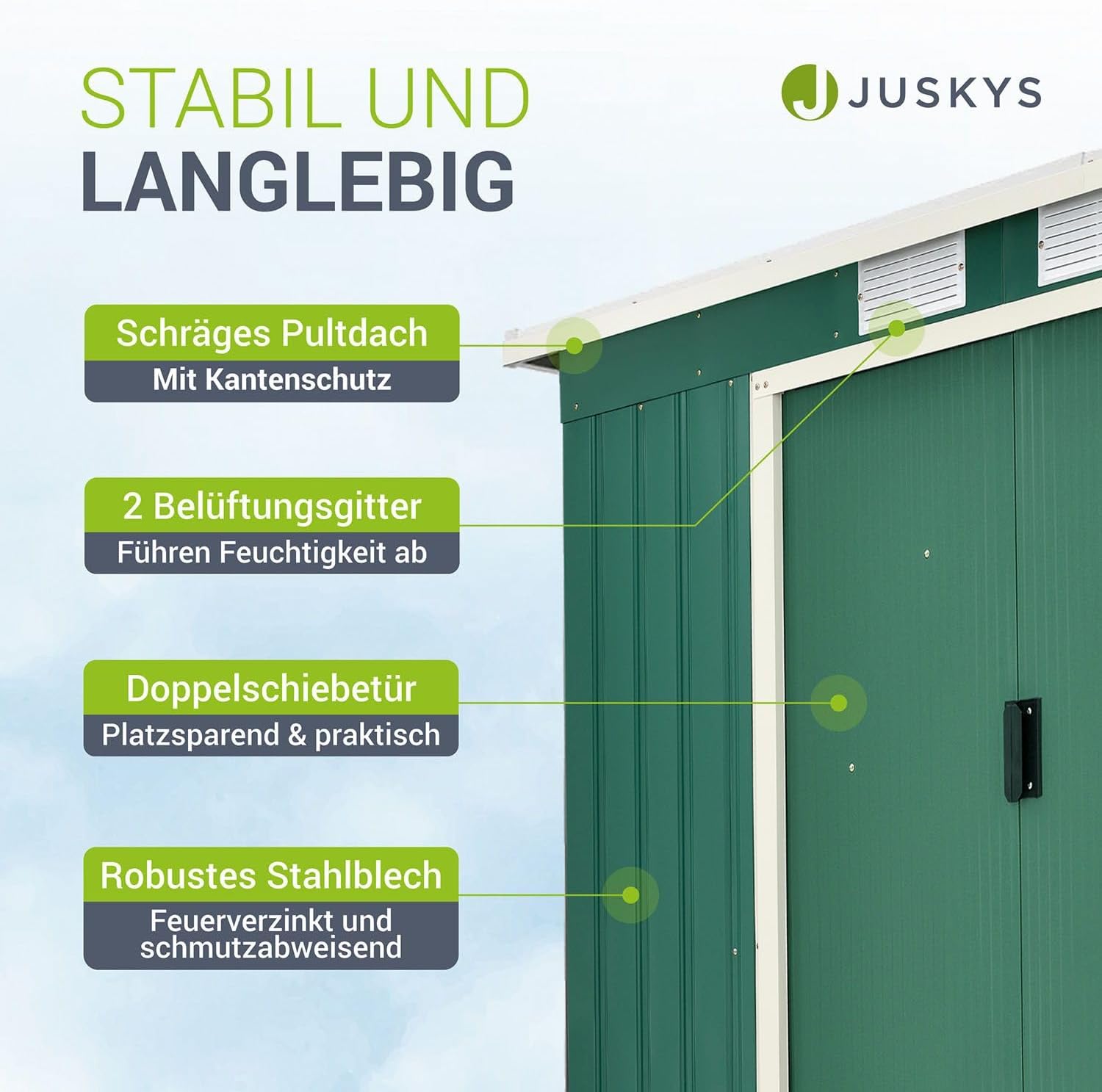 Juskys Metall Gerätehaus M 4 m³ mit Fundament, 213 x 130 x 173 cm, Geräteschuppen mit Pultdach & Schiebetür, Stahl Gartenhaus Garten Schuppen, grün