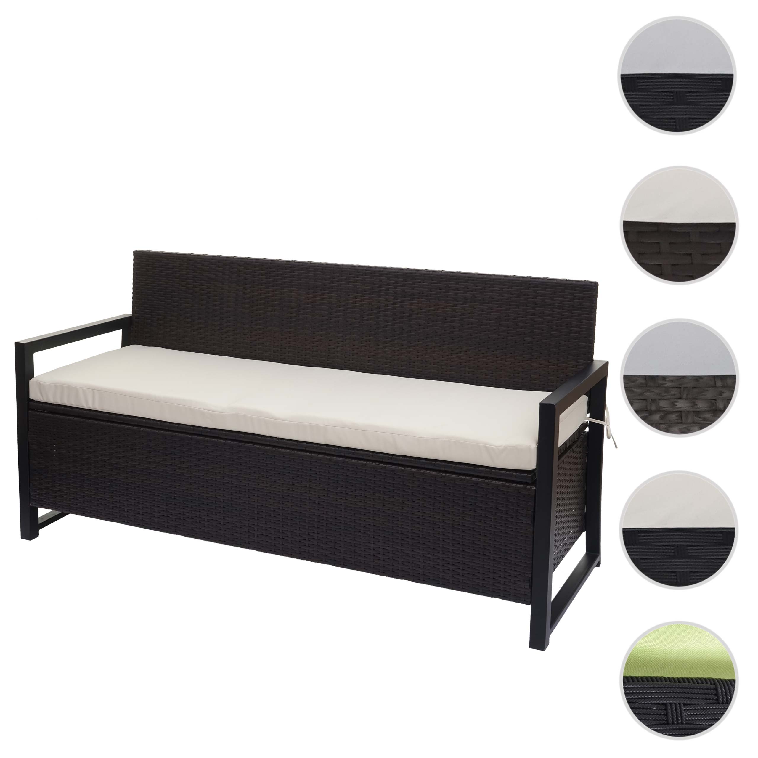 Poly-Rattan 3er Sitzbank MCW-F39, Gartenbank Truhenbank, Staufach Aufbewahrung Sitzkissen ~ braun, Kissen creme