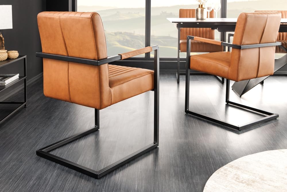Riess Ambiente Moderner Freischwinger Stuhl Big Aston Echtleder - Vintage Cognac schwarz - Federkern Metall Esszimmerstuhl Ziersteppung