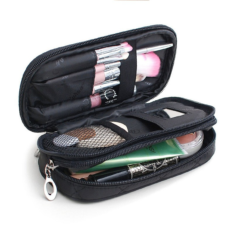 (18x9cm) Kosmetik Make Up Tasche Pinsel Necessaire Organizer Bag mit Reissverschluss   Spiegel - Schwarz