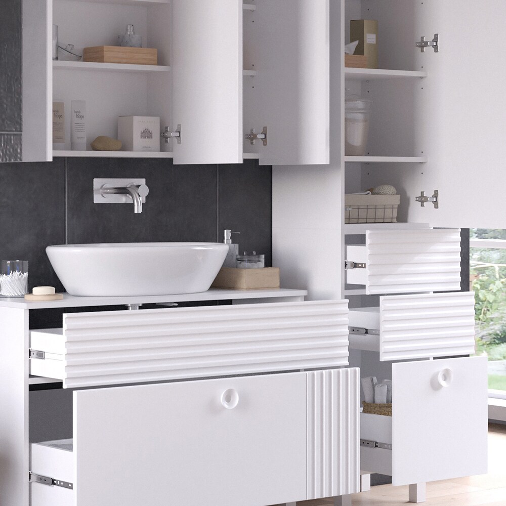Vicco Badmöbel-Set Sola Weiß matt, moderne Serie, Badezimmer, dekorative Front Waschtischunterschrank Spiegelschrank Hochschrank