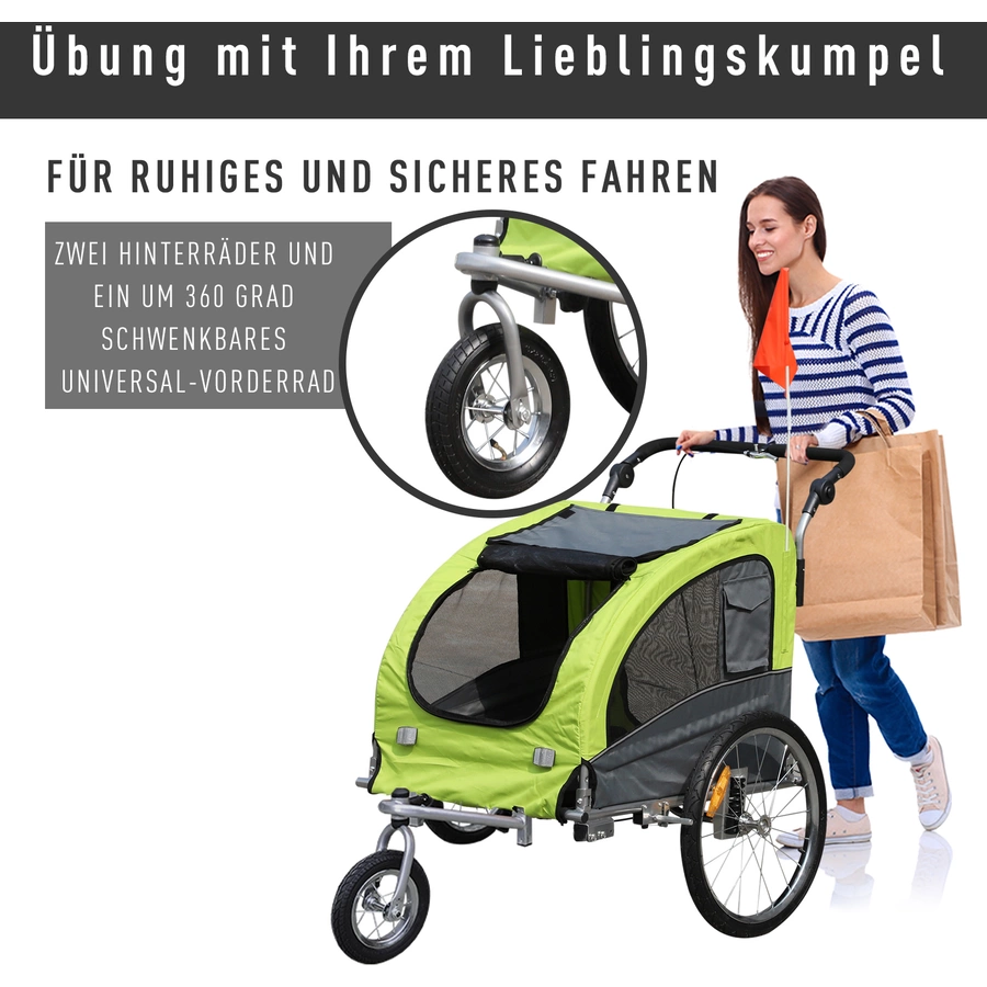 PawHut Hundeanhänger mit gepolsterter Liegefläche grün, grau