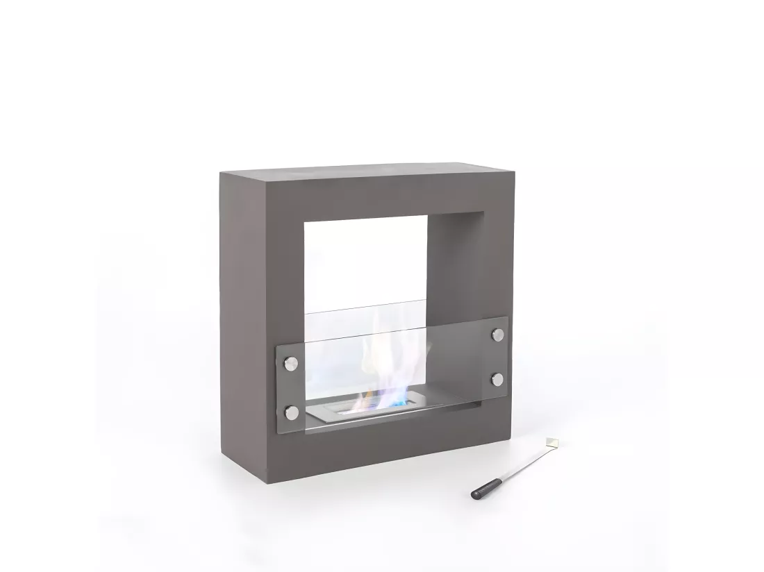 Bio-cheminée bioéthanol au sol design en gris chrome 60 x 24 xh 60 cm