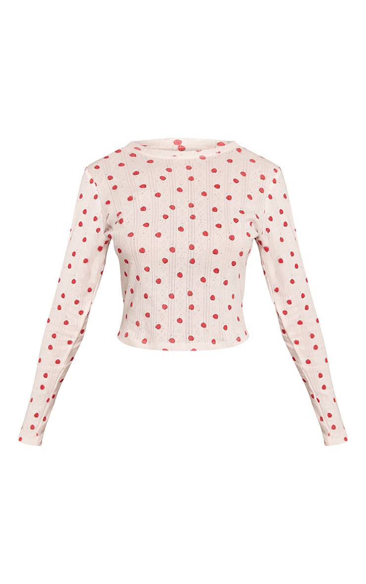 Blanc Haut De Pyjama À Manches Longues En Pointelle Motif Fraise