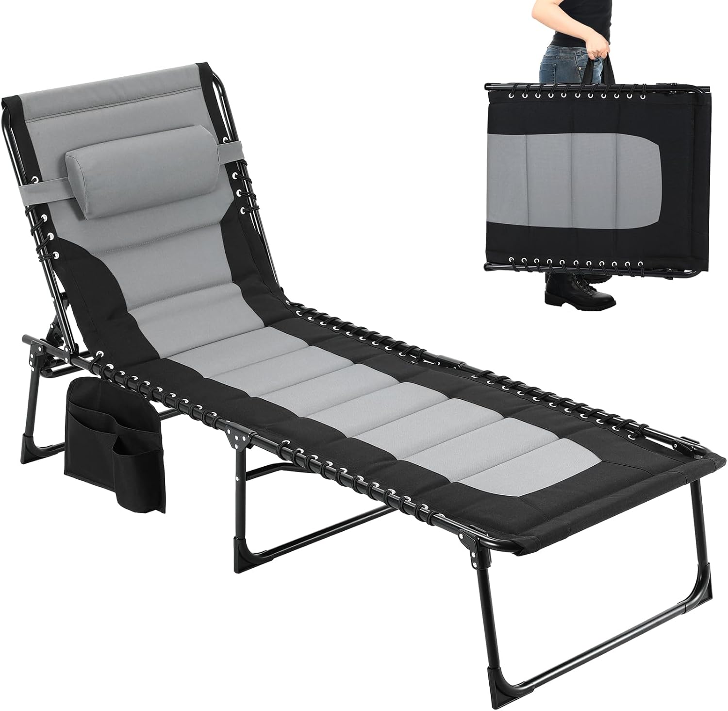 Clevich XXL Liegestuhl klappbar, 199×66 cm Übergroße Sonnenliege mit 5-Fach Verstellbarer Rückenlehne, Gartenliege mit Kopfkissen & Seitentasche, Campingliege bis 150 kg für Strand, Pool