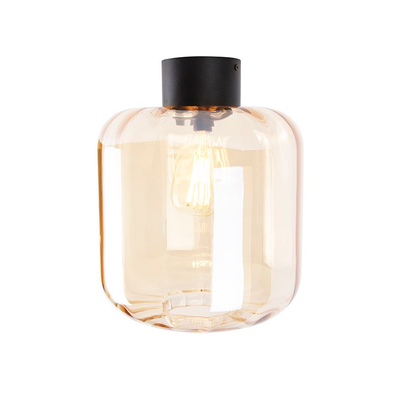 Design plafondlamp zwart met amber glas - Qara