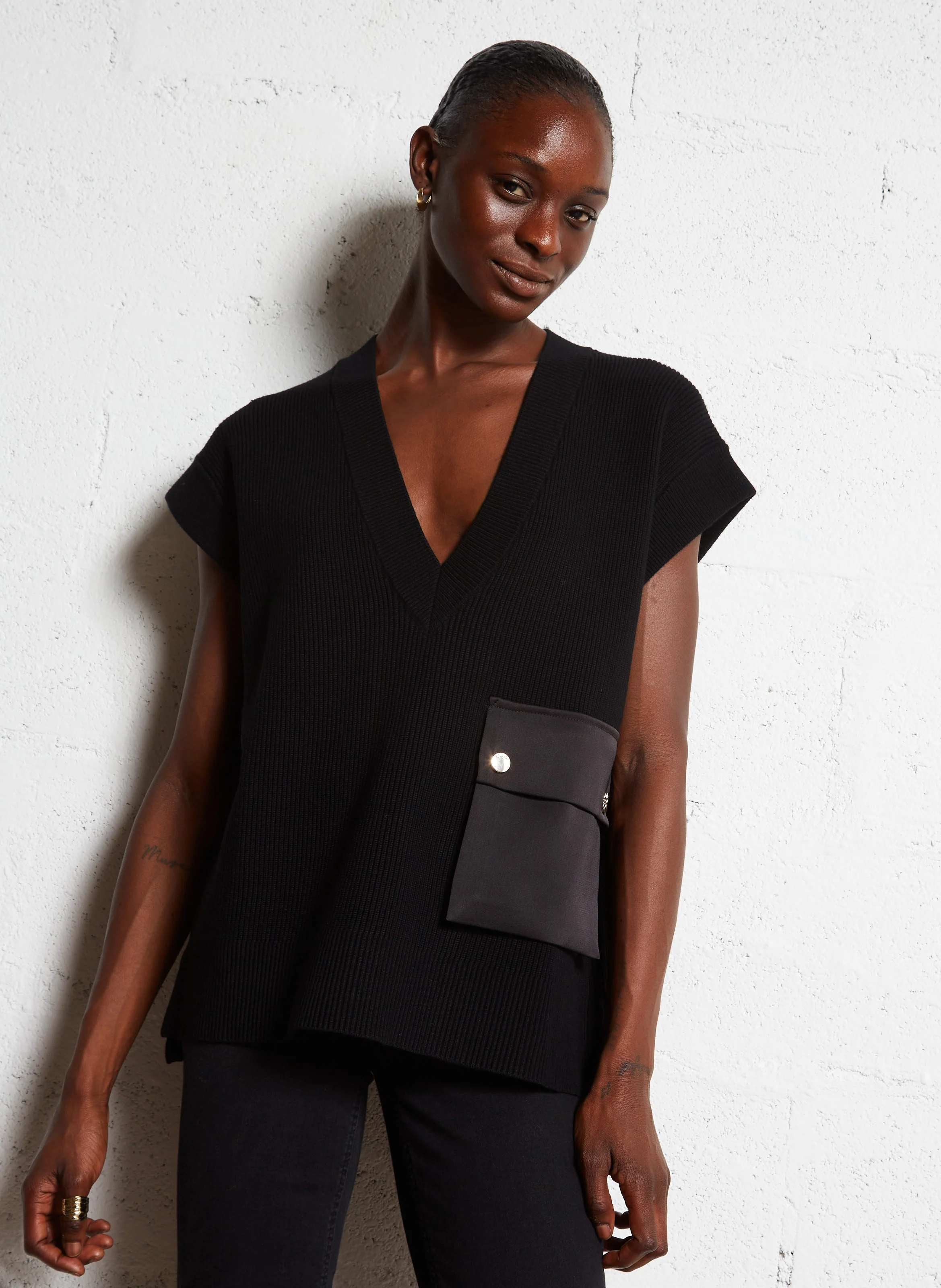 Pull col V en maille | Noir