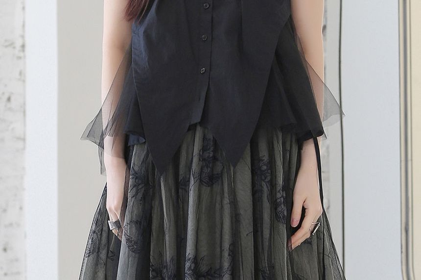 SIMPLE BLACK - Mouwloos effen mesh paneel asymmetrisch overhemd