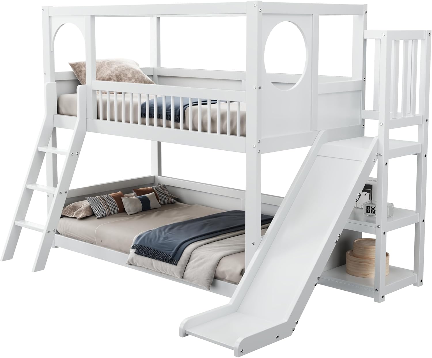 Merax Etagenbett 90x200cm mit Rutsche, Kinderbett mit Regal & Sicherheitsleiter, Hochbett mit Stauraum, für Jungen, Mädchen, Weiß (Ohne Matratze)