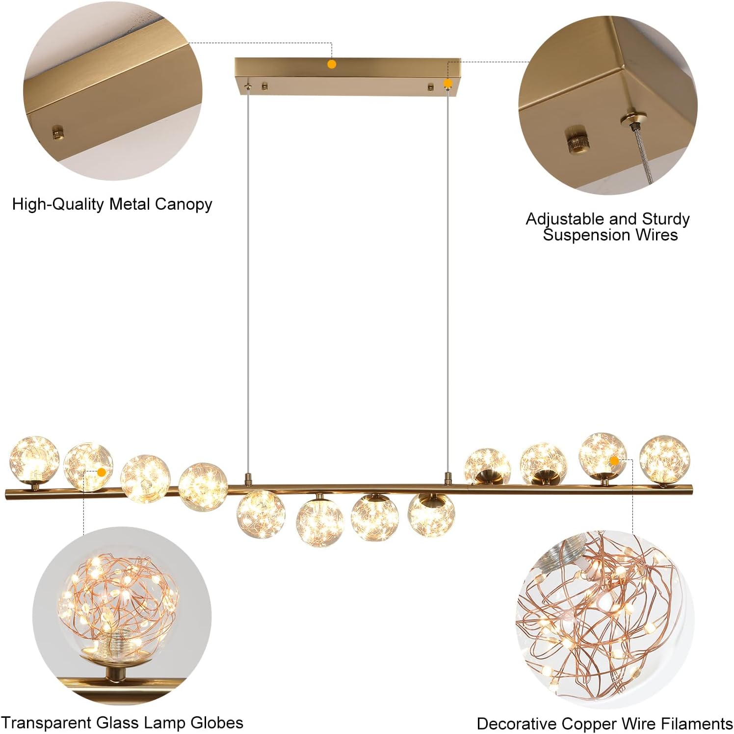 GEADI Gold Kronleuchter 120CM Modern Globe Pendelleuchte Esstisch mit 12 Glaskugel Lampenschirme Einstellbare Hängeleuchte 50W Led Hängelampen für Esszimmer, Wohnzimmer, Küchen, Lounge