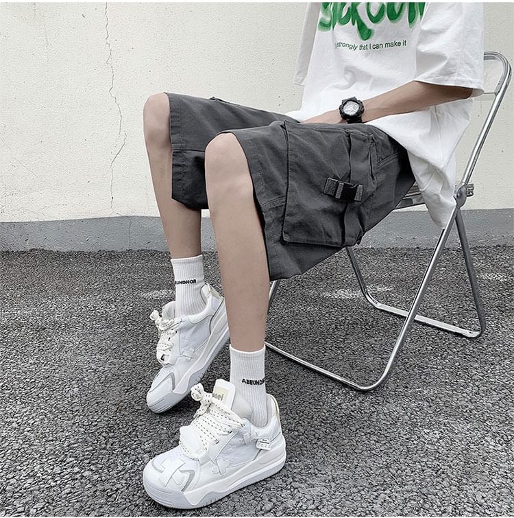 Femilina - Mid Rise Washed Buckled Cargo Shorts