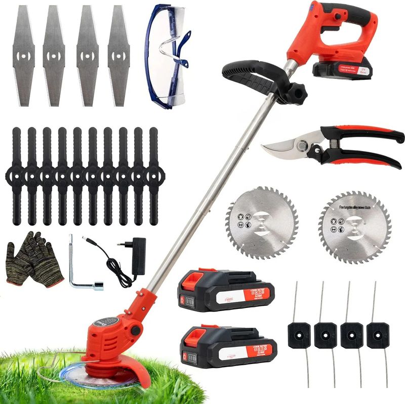 OUTIGO draadloze elektrische bosmaaier, grastrimmer met 2 batterijen en 4 messen, aslengte 124 cm, geschikt voor tuin