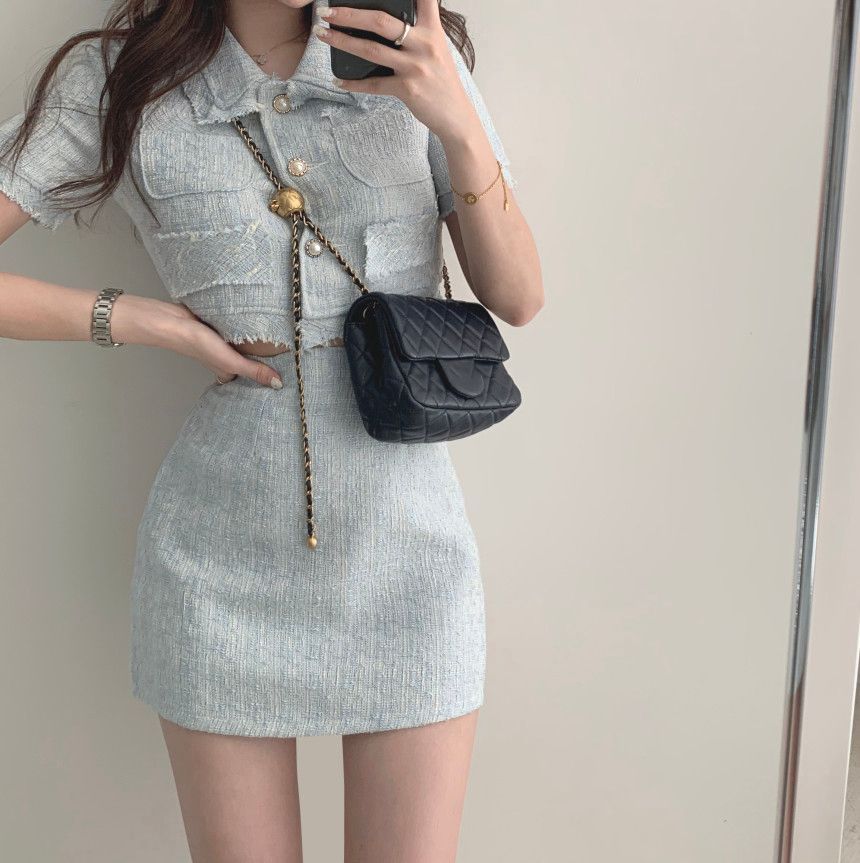 NENE - Tweed kort mouwen cropped jasje / mini kokerrok