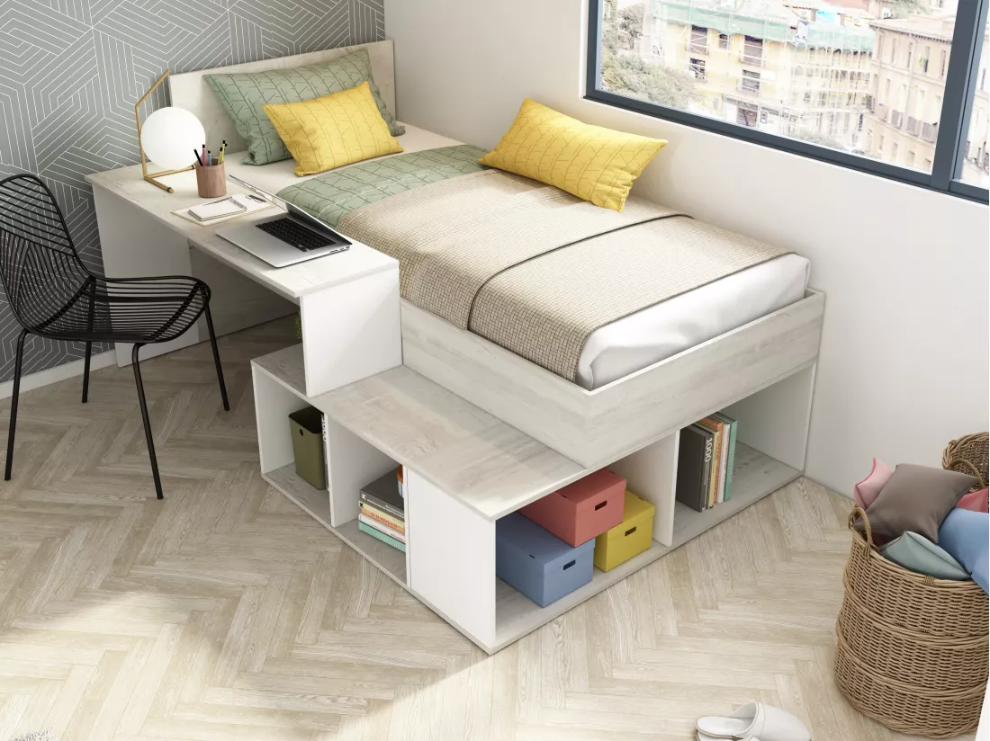 Lit combiné 90 x 200 cm avec rangements et bureau - Coloris : Naturel et Blanc - RIGALI