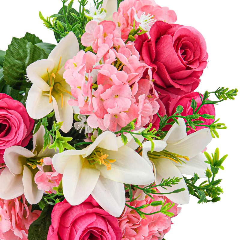 Bouquet d'hortensias, lys et roses