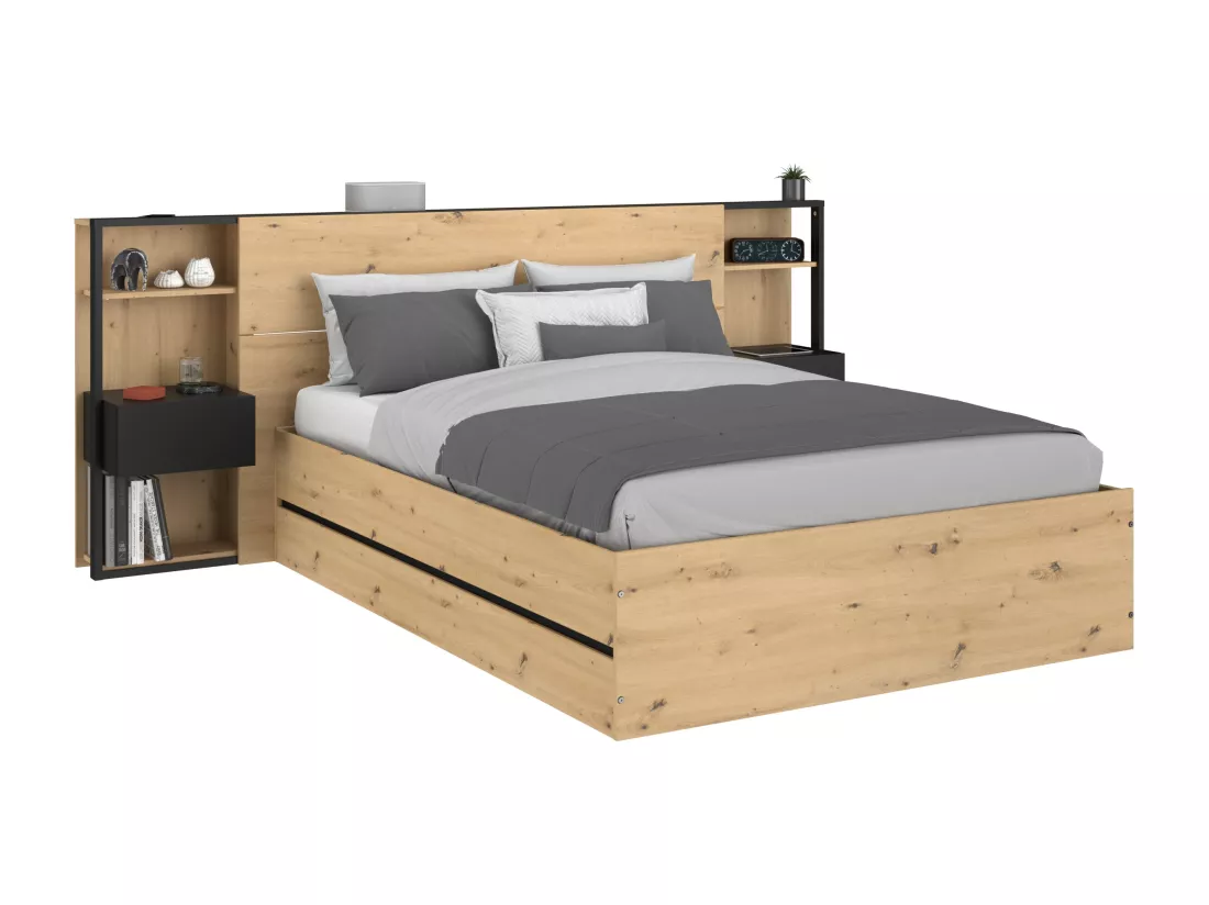 Lit coffre 140 x 190 cm avec chevets - Coloris : Naturel et noir - LUDARO