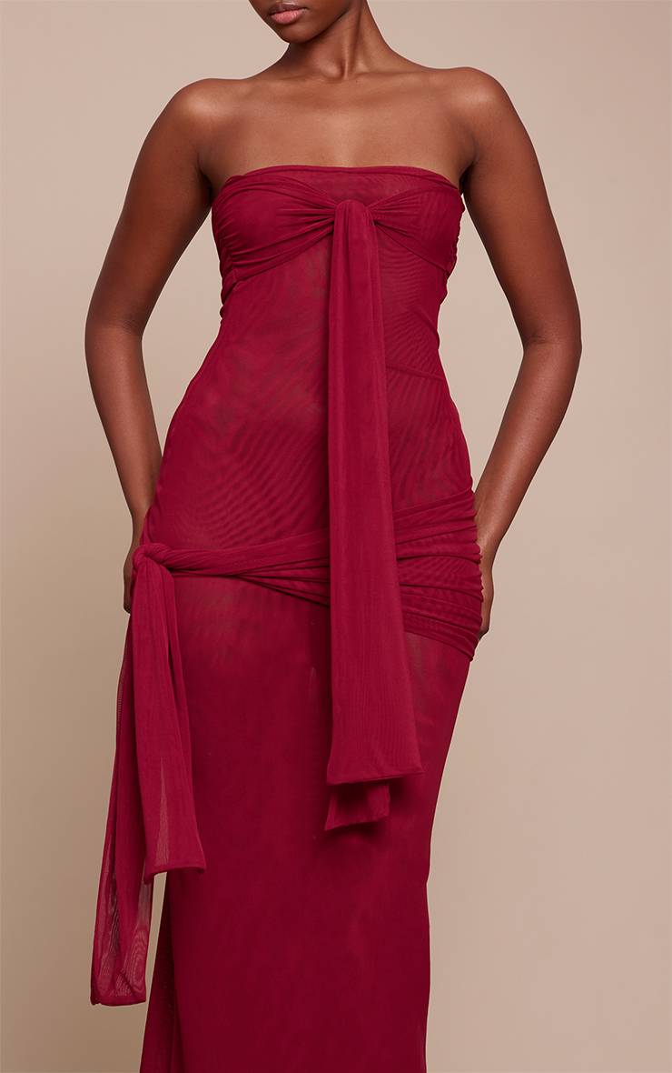 Rouge Vin Robe Longue Moulante En Mesh À Bandeau Avec Nœud
