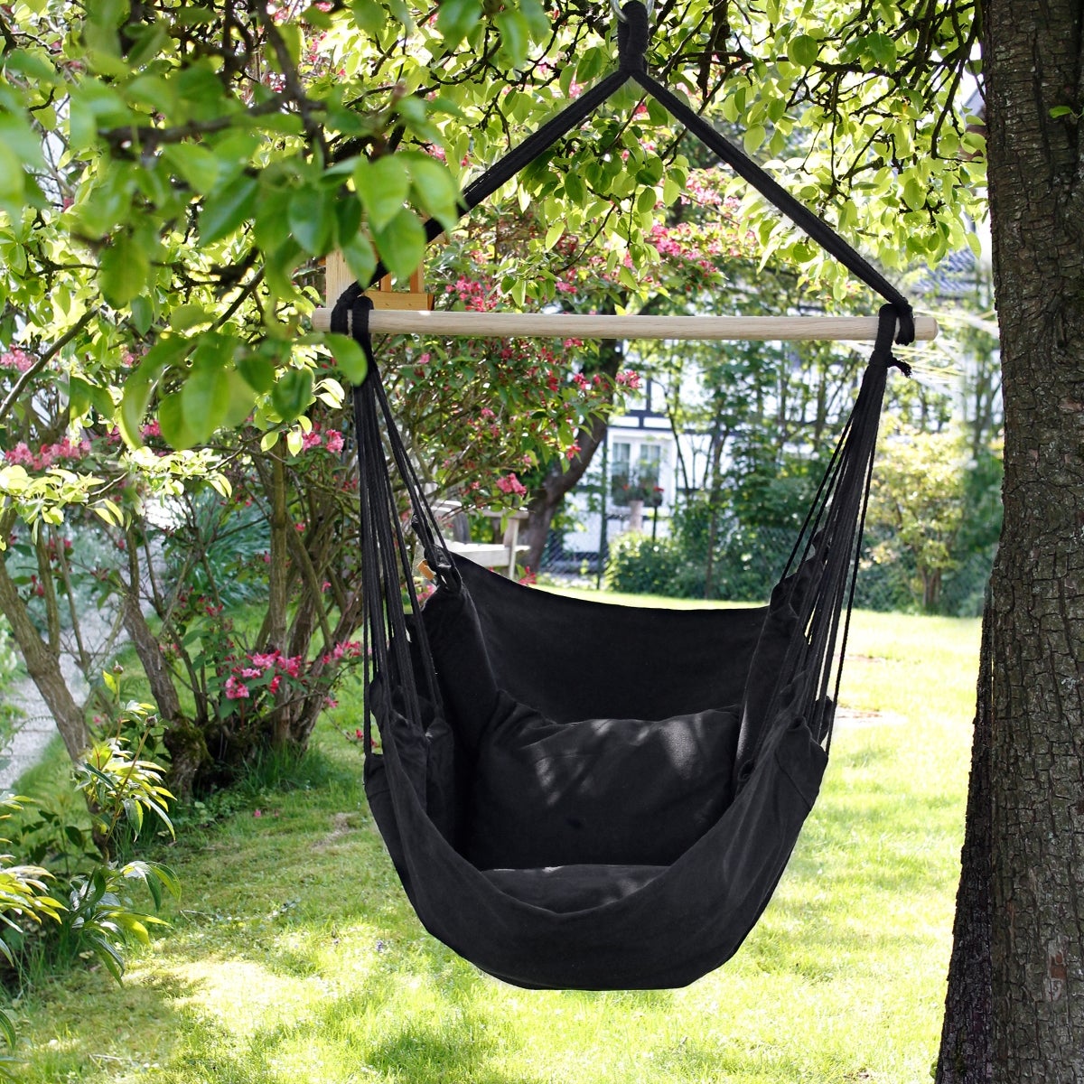 ECD Germany Hangstoel Antraciet met Zwart Frame 208 cm, Hangstoelschommel van Katoen met 2 Kussens tot 120 kg, Vrijstaand Metalen Hangstoelframe, Hangende Zitstandaard