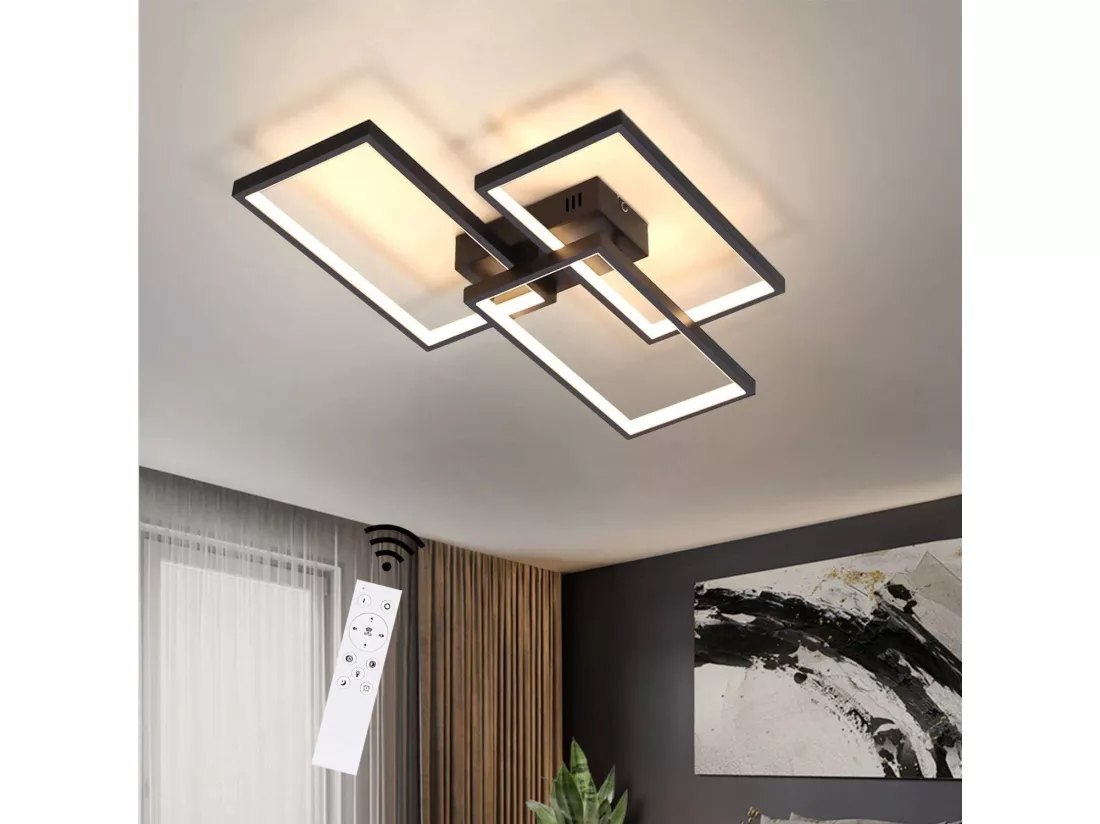 NETTLIFE Plafonnier LED 63W dimmable avec télécommande design moderne en métal noir pour chambre à coucher salle à manger salon bureau