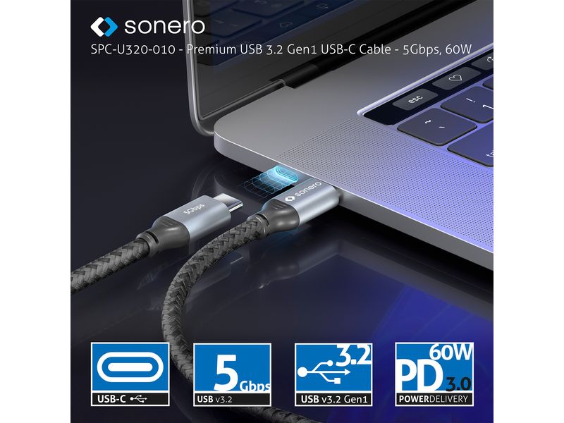 sonero USB-Kabel USB C - USB C 1 m USB-C auf USB-C Kabel - 3.2 Gen 1, 5 GBps, 60W PD, DP Alt Mode – grau/schwarz - 0.50m