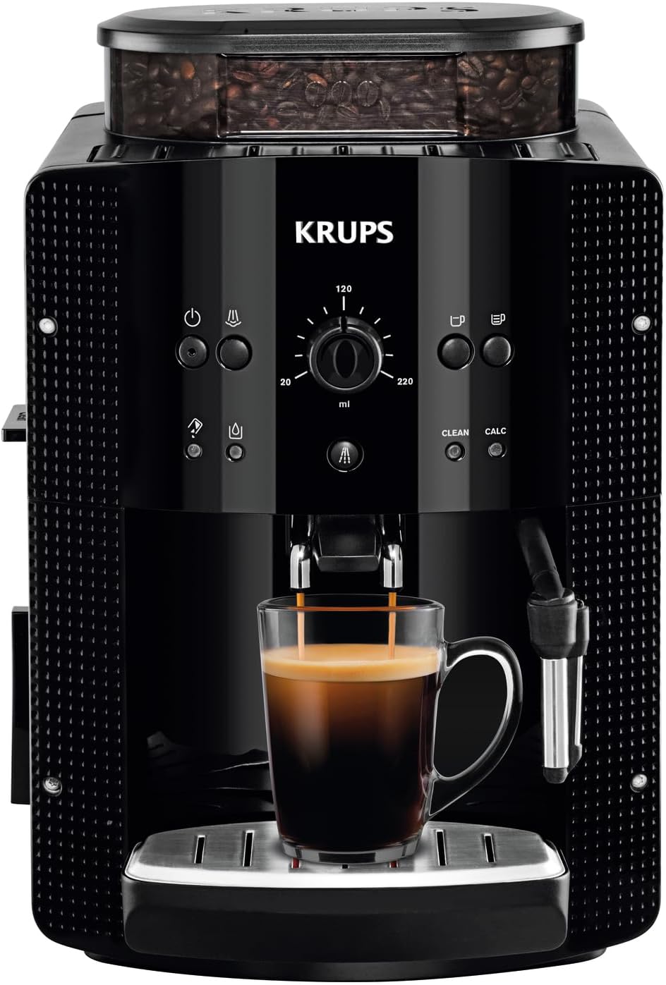 KRUPS Arabica Picto Kaffeevollautomat, kompaktes Design, einfache Bedienung, intuitiv einstellbarer Drehregler, Milchschaumdüse, 2-Tassen-Funktion, Kaffeemaschine, Schwarz, EA810870