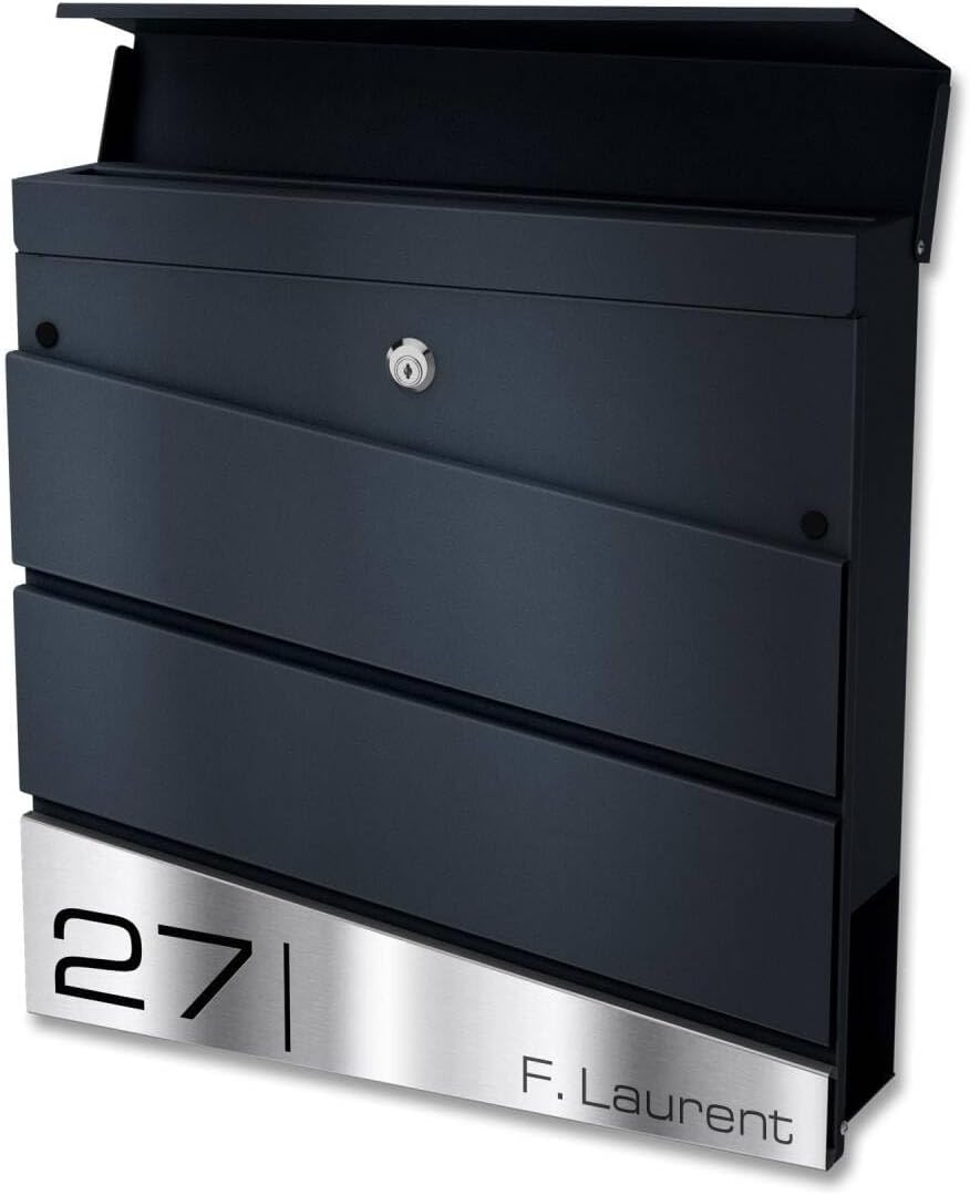 Metzler Briefkasten in Anthrazit RAL 7016 Neumann - Wandbriefkasten inkl. Zeitungsfach - Namensschild aus V2A Edelstahl - Postkasten, Größe: 37 x 37 x 10,5 cm