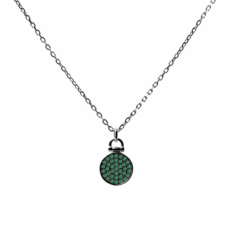 Collier Argent Noir  Puce Verte Sertie