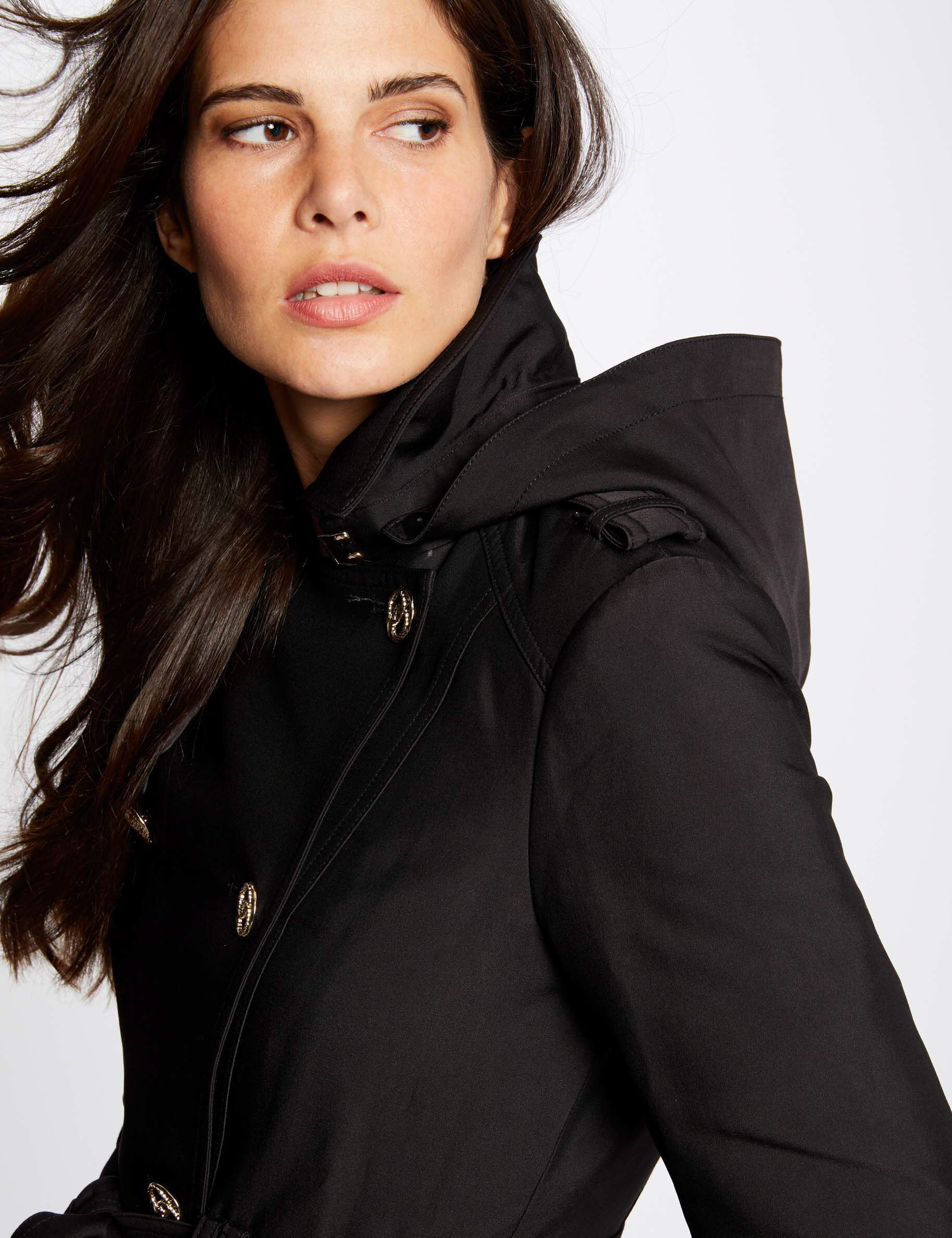 Trench droit ceinturé à capuche noir femme - noir