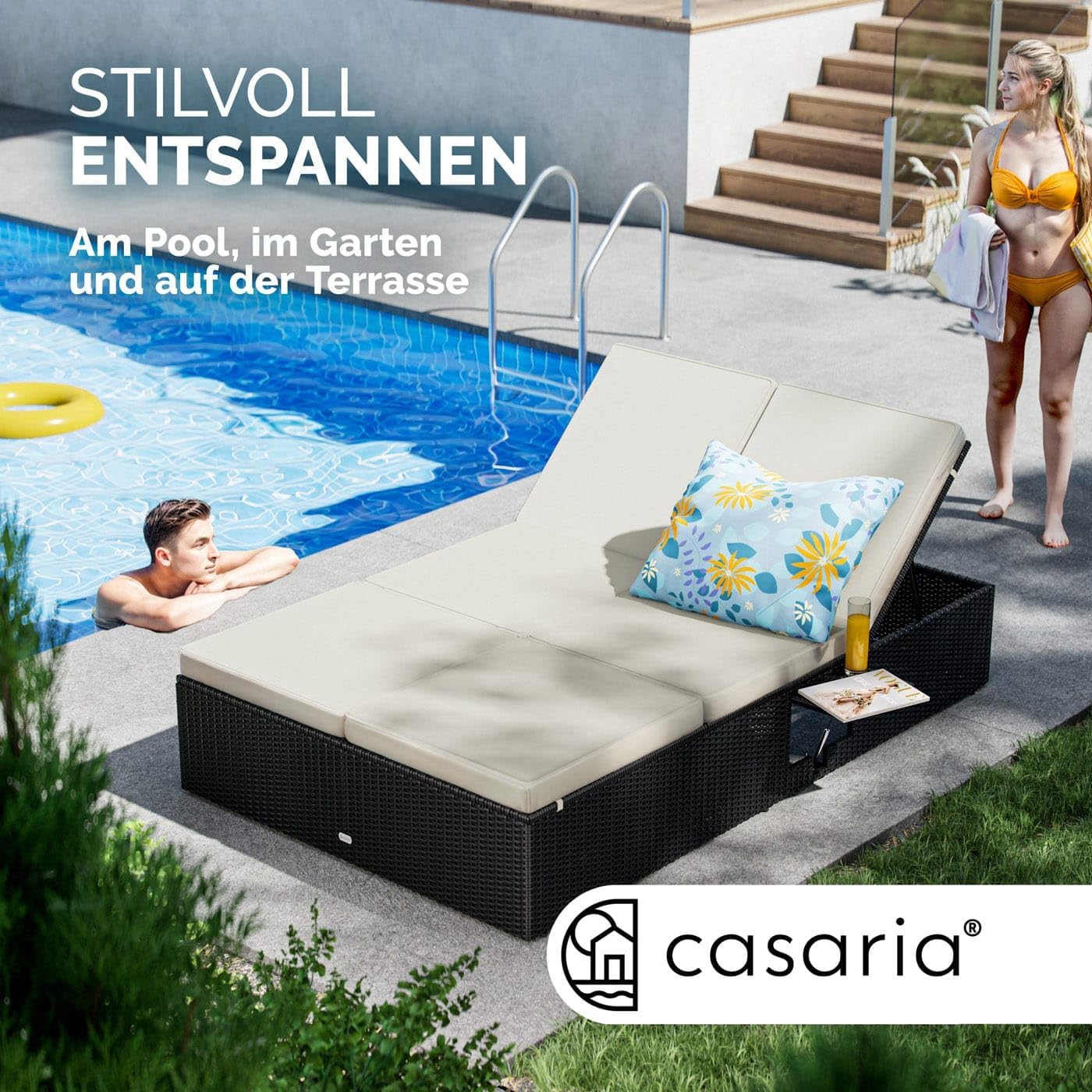 Casaria® Sonnenliege 2 Personen mit Klapptisch 7cm Auflagen Wetterfest Gartenliege 400kg Belastbar Liegestuhl Verstellbar Schwarz Creme 200x115cm