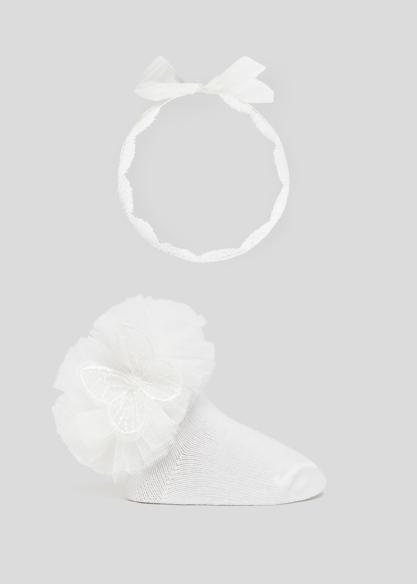 Conjunto de meias e faixa de cabelo com laço para recém-nascido em algodão orgânico - Cru