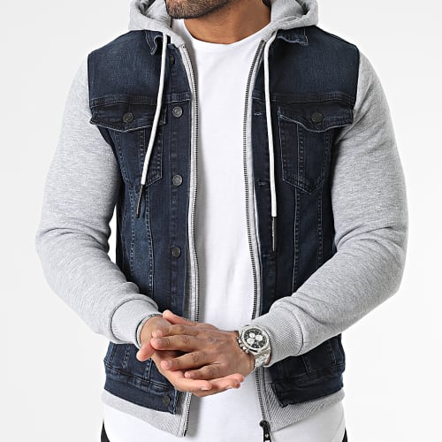 Veste Jean Capuche Bleu Brut Gris Chiné