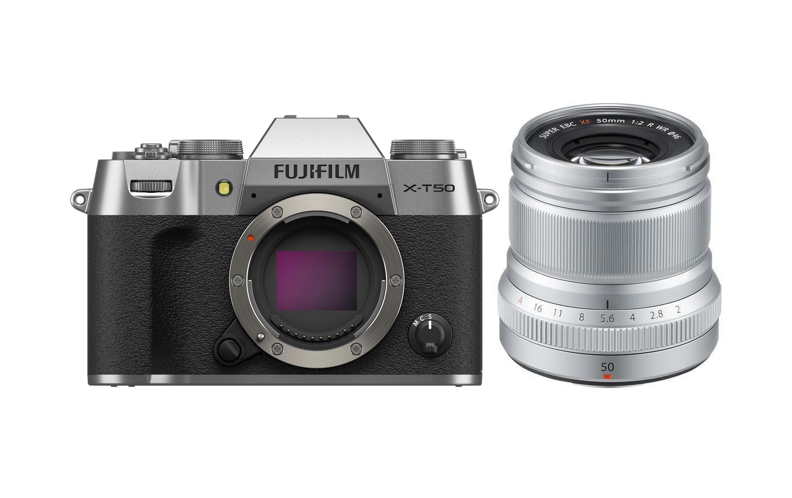 Fotokamera X-T50 Silver Kit XF 50mm<br>Kompakte Systemkamera mit 40.2-Megapixel-Sensor, 6.2K-Video und Filmsimulations-Einstellrad