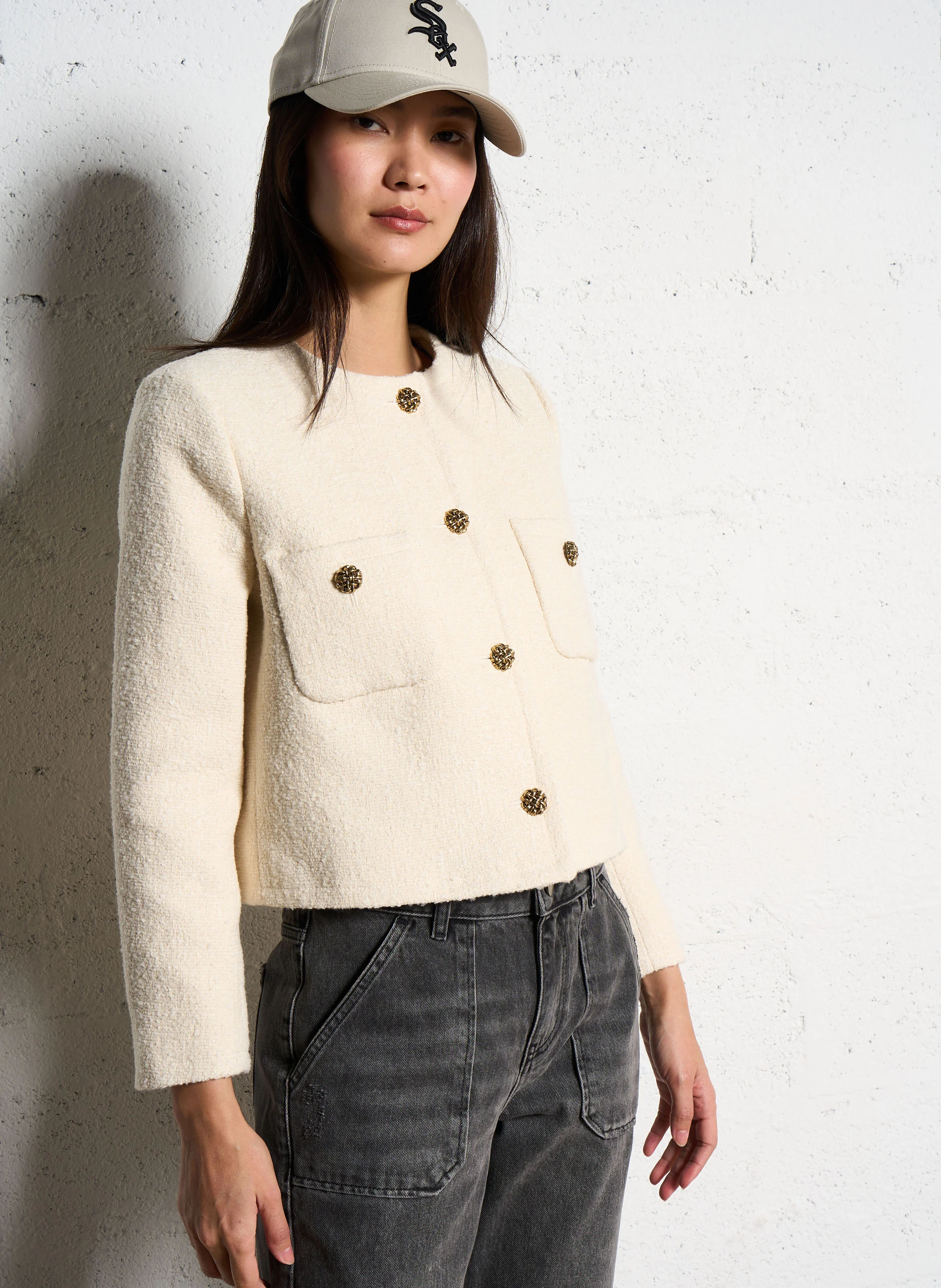 MEREDITH - Veste col rond jacquard en coton mélangé| Beige