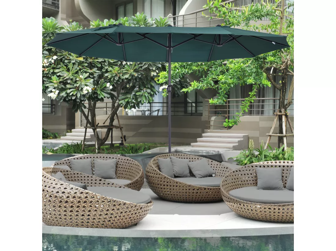 Parasol de jardin XXL parasol grande taille 4,6L x 2,7l x 2,4H m ouverture fermeture manivelle acier polyester haute densité vert