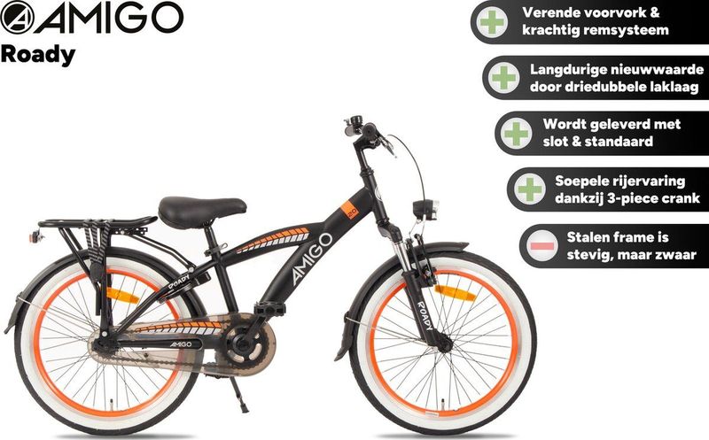 AMIGO Roady Jongensfiets 20 Inch - Kinderfiets voor 6 tot 8 Jaar - 110-125 cm - Zwart/Oranje