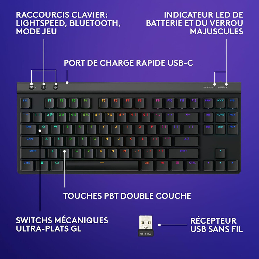 Logitech G G515 Lightspeed TKL - GL Tactile - Noir