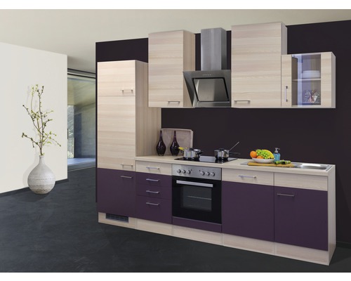 Flex Well keukenblok met apparatuur Focus 280 cm acacia aubergine mat gedemonteerd omkeerbaar 00008900