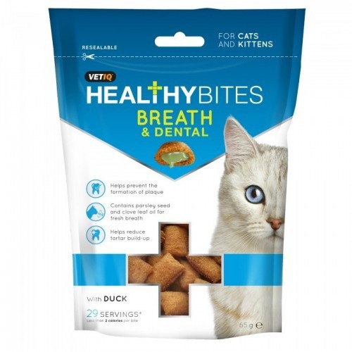 Petiscos com sabor de pato para higiene bucal e hálito de gatos e gatinhos.
