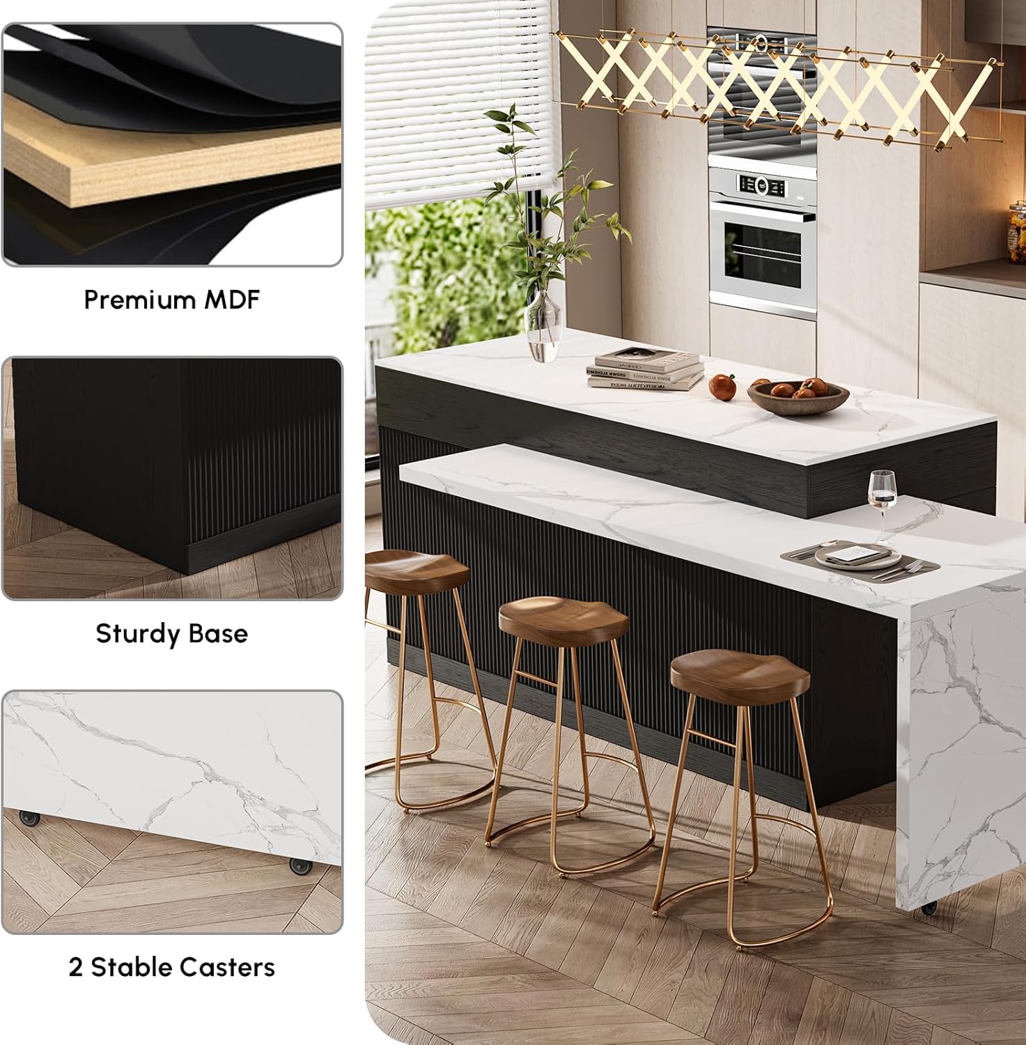 Homary Ausziehbare Kücheninsel 81–106 cm, Moderne Kücheninsel mit Marmoroptik Arbeitsplatte, Küchenschrank mit Schubladen & Türen, Viel Stauraum für Küche & Essbereich